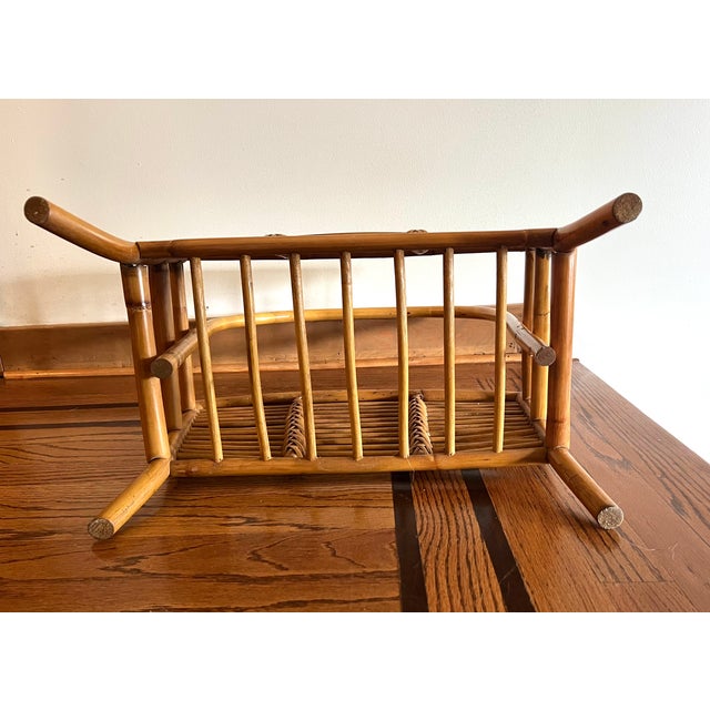 Wood Vintage Rattan & Bamboo Magazine Rack With Curved Handle For Sale - Image 7 of 15