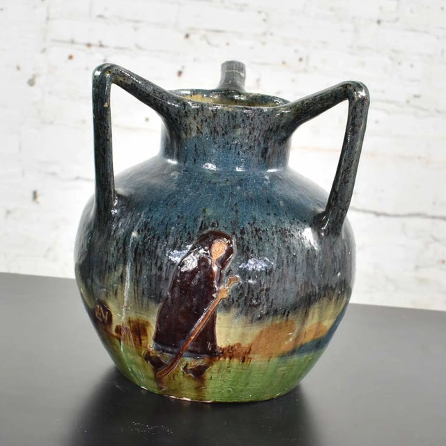 Figurative Vintage Art Nouveau Flemish Earthenware Three Handled Vase Marked LMV by Leo Maes Vereenooghe For Sale - Image 3 of 12