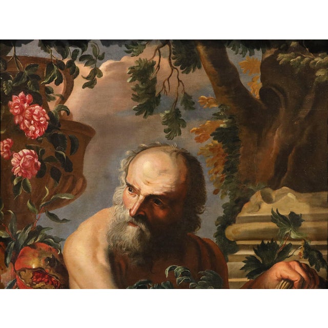 Bottega Di Abraham Brueghel, Portrait of the Greek Philosopher Diogenes with a Composition of Fruit, 1680, Oil on Canvas For Sale - Image 10 of 14
