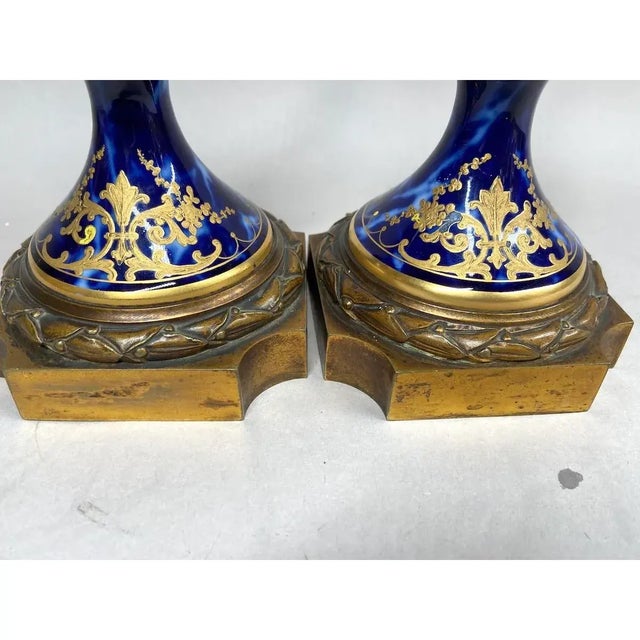 Pair of 19th-Century French Sevres Porcelain Vases With Gilded Bronze Mounts For Sale - Image 11 of 12