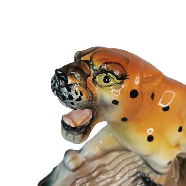 Brown Vintage Ceramic Leopard Cheetah Statue Figurine on Green & Brown Base 12" X 3" X 6" Made in Japan For Sale - Image 8 of 17