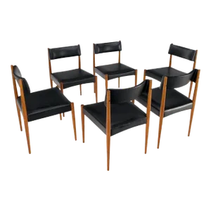 Set of 6 Danish Teak Mid Century Modern Dining Chairs in Black Upholstery
