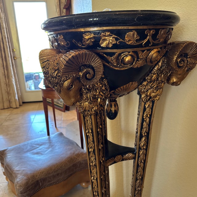 Regal Ram’s Head Pedestals (2) Cast Metal in Black & Gold with Black marble tops. Exquisite detail!