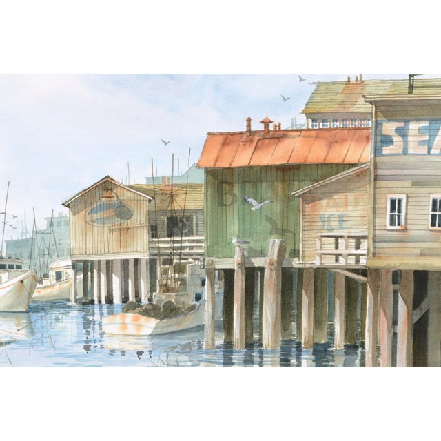 Paper Jones Realism Seafood Shops on the Pier Watercolor Landscape Late 20th Century For Sale - Image 7 of 9