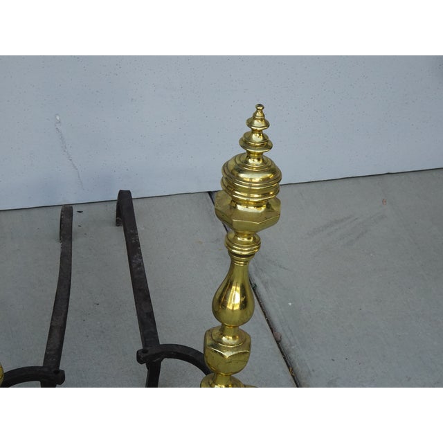 1970s Pair of Vintage American Federal Brass Andirons W Wrought Iron Log Holders For Sale - Image 5 of 9