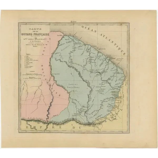 The 1876 map of french guiana from the "grand atlas départemental de la france de l'algérie et des colonies" by h....