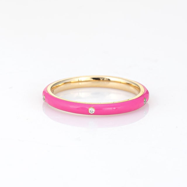 Early 21st Century ​Candy Pink Enamel Diamond Ring Size 6.5 14k Yellow Gold Stacking Band Jewelry For Sale - Image 5 of 6