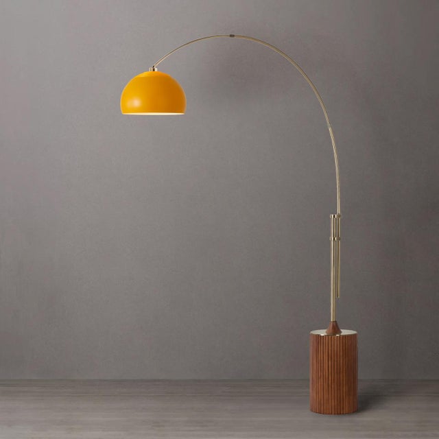 Mid-Century Modern 1980s Nova of California Tambo Floor Lamp - Mid Century Modern Arc Lamp, Walnut Base, Mustard Shade, Weathered Brass, Dimmable For Sale - Image 3 of 11