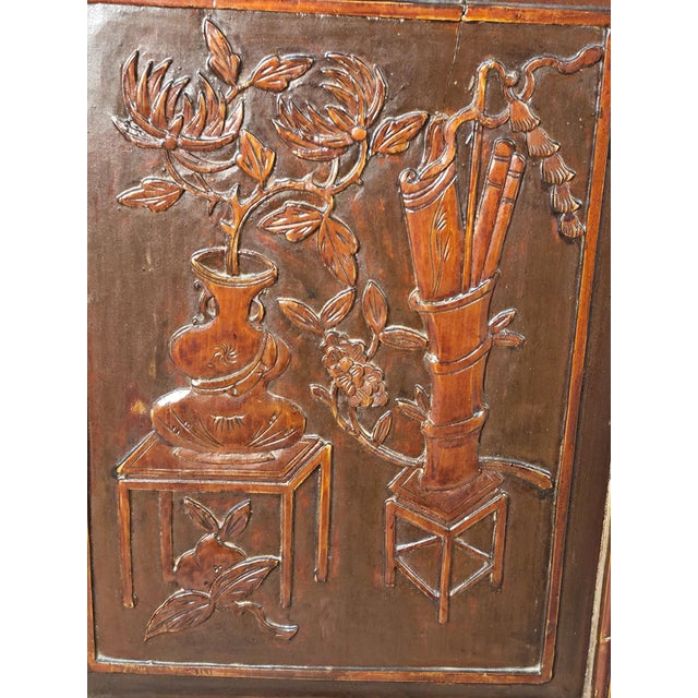 Wood Antique 19th-Century Qing Dynasty Carved Hardwood/Elmwood "Scholar's Objects" Architectural Panel For Sale - Image 7 of 16