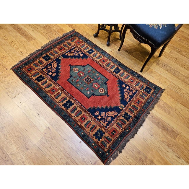 Vintage Kurdish Tribal Area Rug, Handwoven Wool, Red Medallion Design, 4' x 5' For Sale - Image 4 of 18