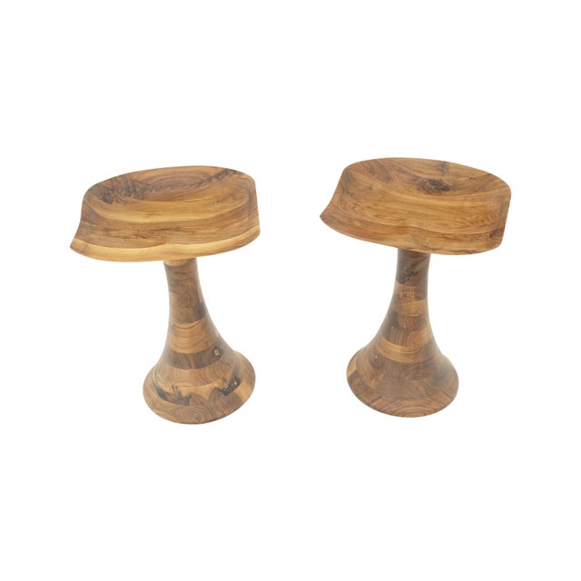 Turned Bases Carved Seat Solid Oiled Walnut Bar Stools MINT! For Sale - Image 11 of 14