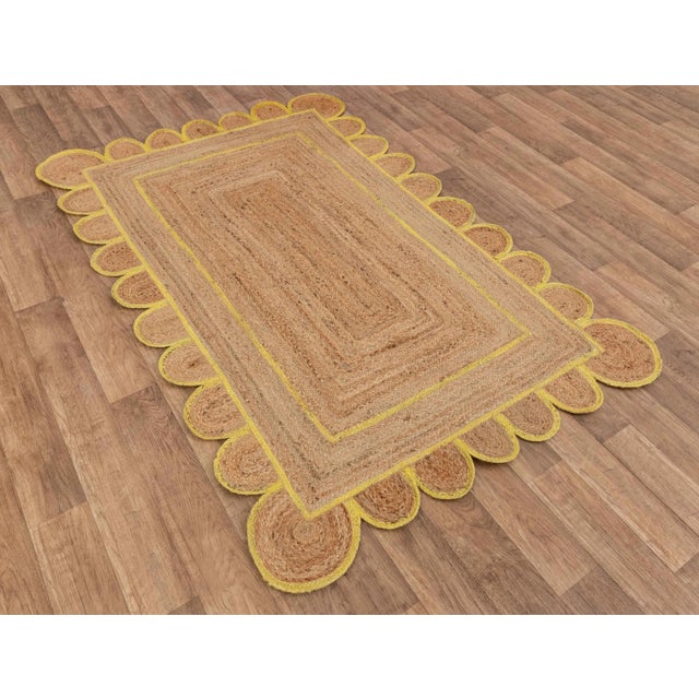Textile 2.6'x6' Yellow Trim Jute Scallop Braided Hand Made Bohemian Rug For Sale - Image 7 of 13