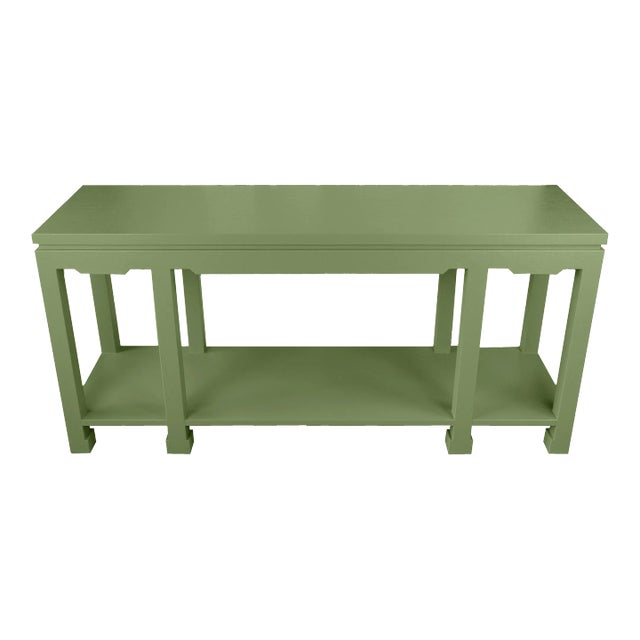 Custom Modern Ming Style Eight Legs Linen-Raffia Wrapped Console Table in Forest Hills Green For Sale