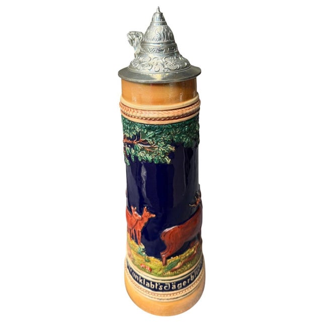 Large 2l German Stein With Stag, Deer, and Trees For Sale - Image 4 of 5