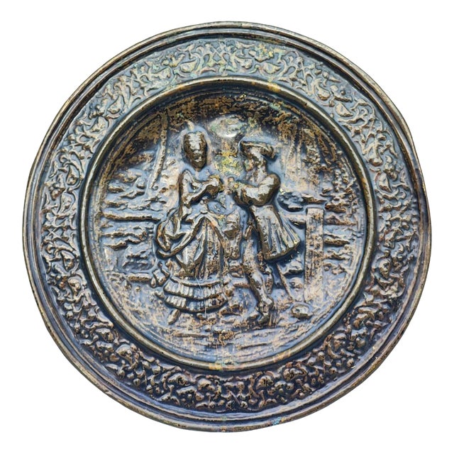 Art Deco Decorative Brass Plate with Copper Engraving, 1930s For Sale