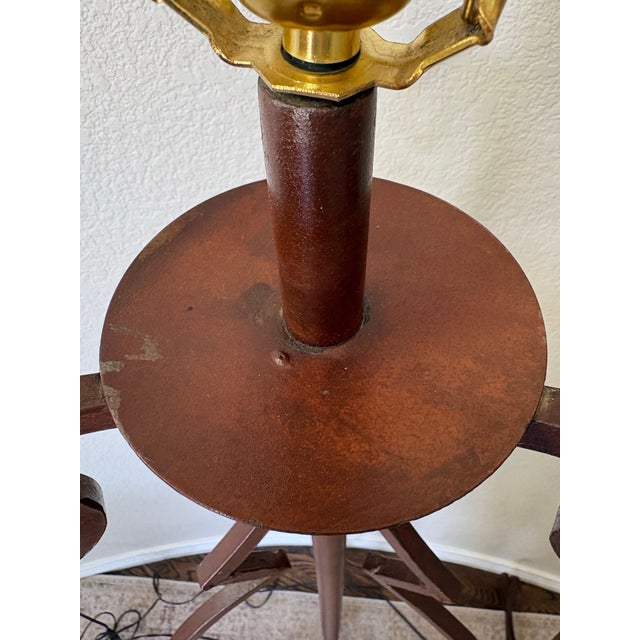 Vintage Spanish Revival Scrolled Wrought Iron Floor Lamps With Antiqued Shades – Pair For Sale - Image 12 of 15