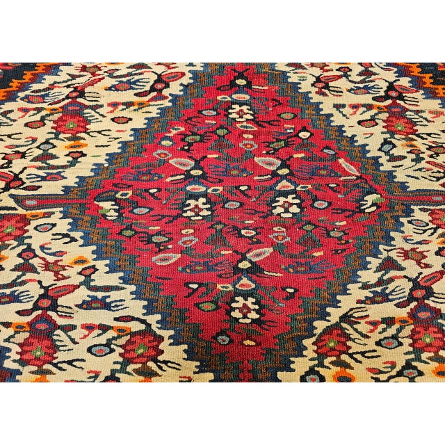 Vintage Persian Senneh Kilim Rug, Handwoven Wool & Cotton, Medallion Pattern, Navy & Ivory, 4x6 For Sale - Image 14 of 16