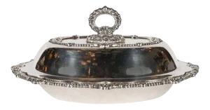 Neocolonialist Revival Silver Plated Tureen W/ Scalloped Edges & Baroque Detail