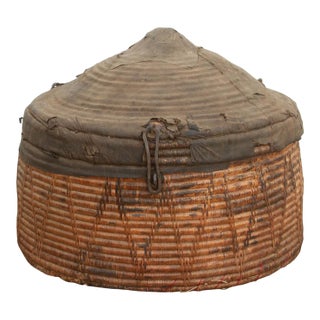 Monumental Antique Basket With Lid & Metal Hardware For Sale