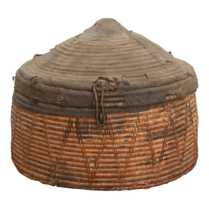 Monumental Antique Basket With Lid & Metal Hardware