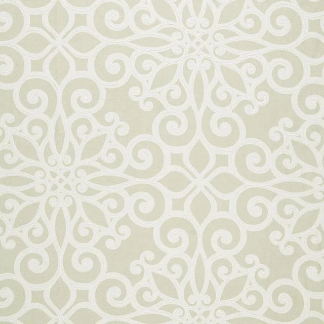 Schumacher Rosegate Embroidered Print Fabric in Flax For Sale