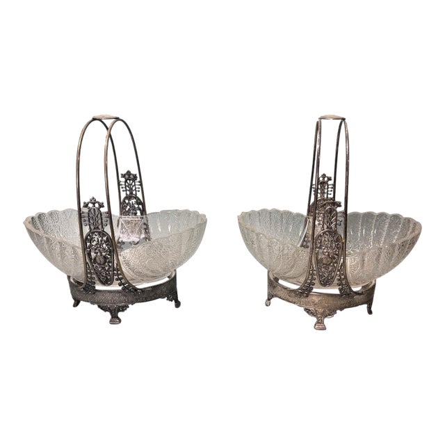 Pair of Antique Victorian Silver Plate & Art Glass Brides Baskets With Birds For Sale