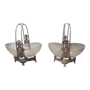 Pair of Antique Victorian Silver Plate & Art Glass Brides Baskets With Birds