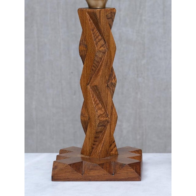 French Art Deco Geometric Oak Table Lamp with Linen Shade, Late 1930s For Sale - Image 3 of 13