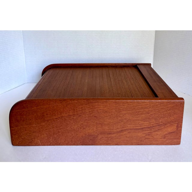 1970's Danish Modern Teak Roll-Top Tambour Storage Box For Sale - Image 9 of 12