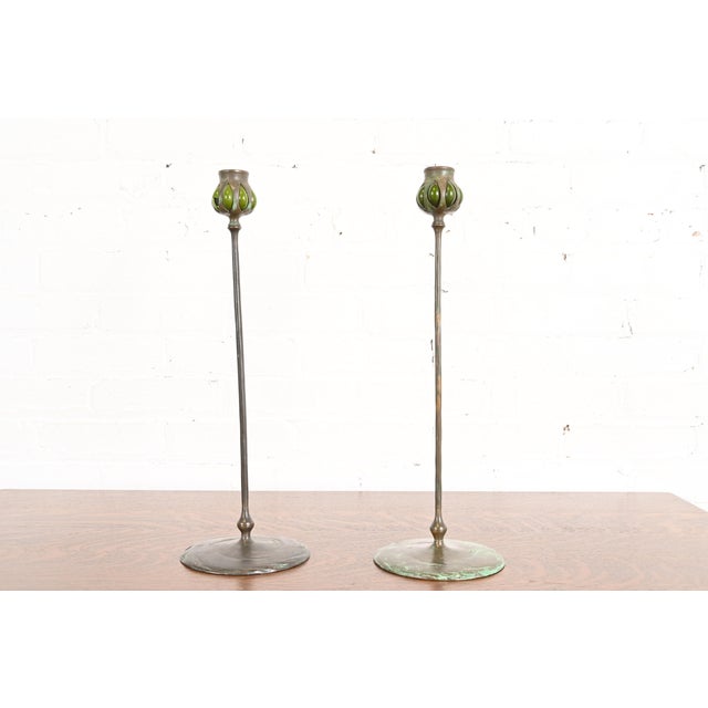 Tiffany Studios New York Bronze and Green Favrile Glass Puddle Candlesticks, Pair For Sale - Image 12 of 12