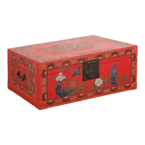 Mid 20th Century Vintage Red Trunk with Yellow Inside Lining & Green Leaves on Back