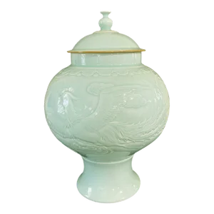 Chinoiserie Porcelain Celadon Glaze Lidded Ginger Jar 19.5" H .
