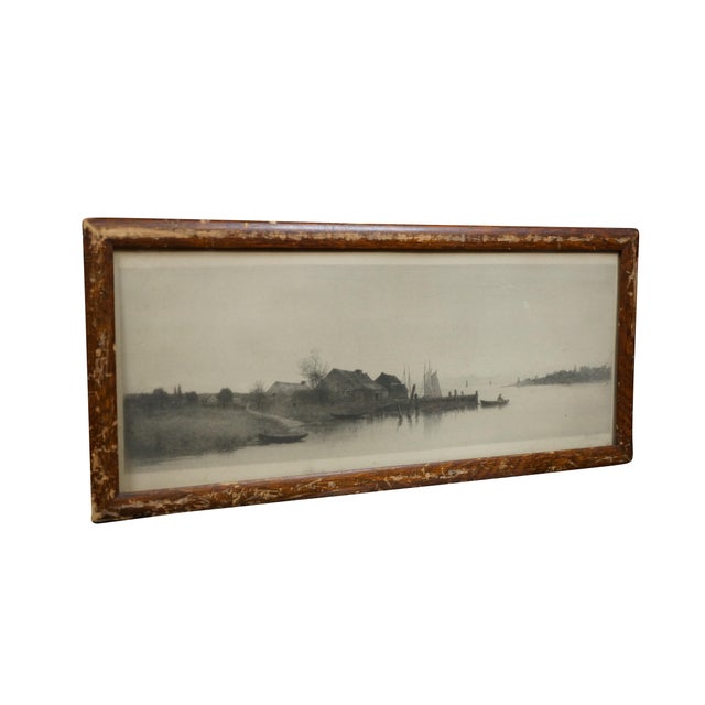 Victorian Antique Alfred J Haller Signed Fishing Village Sailboats Harbor Etching 23" For Sale - Image 3 of 12