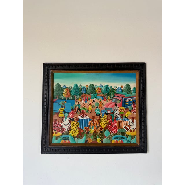 M. Bazile Haitian Folk Art Market Scene Oil on Masonite Board – Framed For Sale - Image 4 of 12