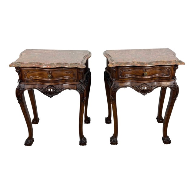 Pair of French Louis XV Style Nightstands with Marble Tops For Sale