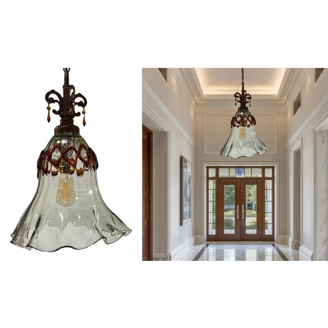 Late 20th Century Art Glass Fazzolletto Transparent Amber Lattice Pendant Light For Sale - Image 5 of 17