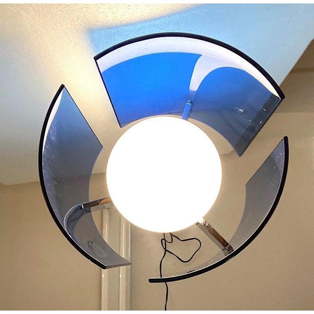 Blue Veca of Italy 1970s Chrome & Blue Glass Panel Pendant or Ceiling Mount Light For Sale - Image 8 of 11