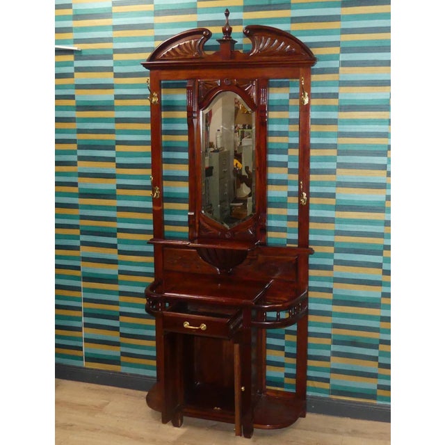 Antique Art Nouveau Mahogany Wardrobe with Beveled Mirror, Chest of Drawers, and Umbrella Stand, 1920s For Sale - Image 11 of 18