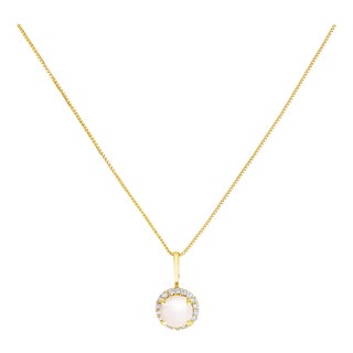 10K Yellow Gold Pearl and 1/10 Cttw Diamond Accent Halo Pendant Necklace For Sale