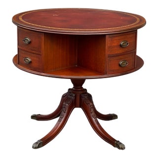 Vintage Regency Style Mahogany Rotating Drum Tooled Leather Top Rent Table For Sale