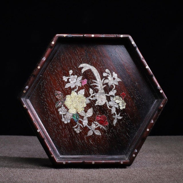Late 20th Century Rosewood Hexagonal Tray Inlaid With Mother-of-Pearl For Sale - Image 5 of 10
