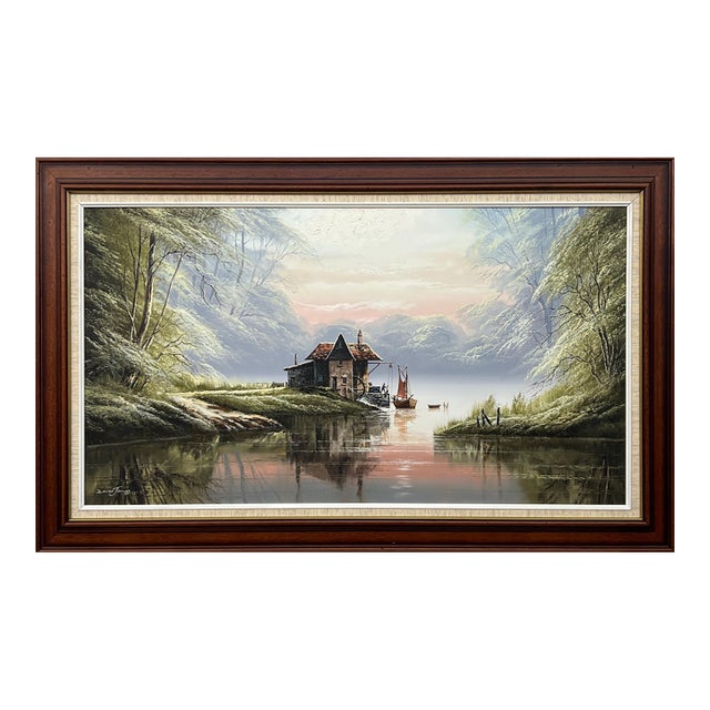 River Landscape with Water Mill in England with Lush Trees by British Artist 1976 For Sale