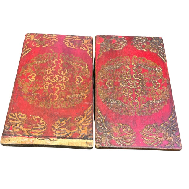 Red Antique Tibetan Wooden Cabinet Doors With Embossed Dragon and Bird Motifs, Pair For Sale - Image 8 of 8