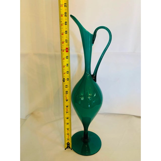 Mid-Century Teal Over White Glass Pedestal Pitcher For Sale - Image 12 of 13