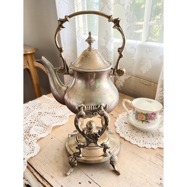 Vintage Silverplate Tilting Tea Set-Teapot Creamer Sugar Bowl-Victorian Style For Sale - Image 4 of 10