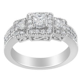 14K White Gold Round and Princess-Cut Diamond Three Stone Ring (1 Cttw, H-I Color, I1-I2 Clarity) - Size 7 For Sale