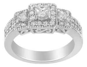 14K White Gold Round and Princess-Cut Diamond Three Stone Ring (1 Cttw, H-I Color, I1-I2 Clarity) - Size 7