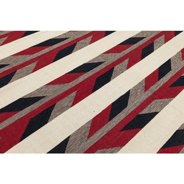 2020s Modern Navajo-Style Handmade Wool Rug – Geometric Flatweave in Red and Beige For Sale - Image 5 of 11