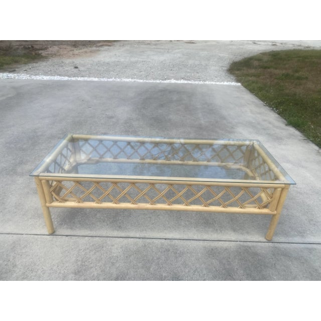 1980s Boho Coastal Lattice Tan Rattan Rectangular Coffee Table | Chairish