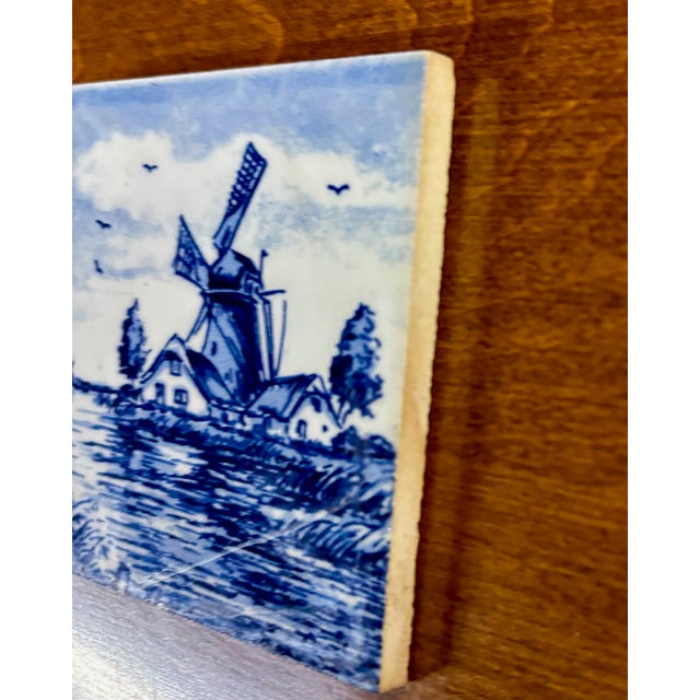 Delft Vintage Hand Painted Delft Style Ceramic Tile With Dutch Windmill Landscape For Sale - Image 4 of 8